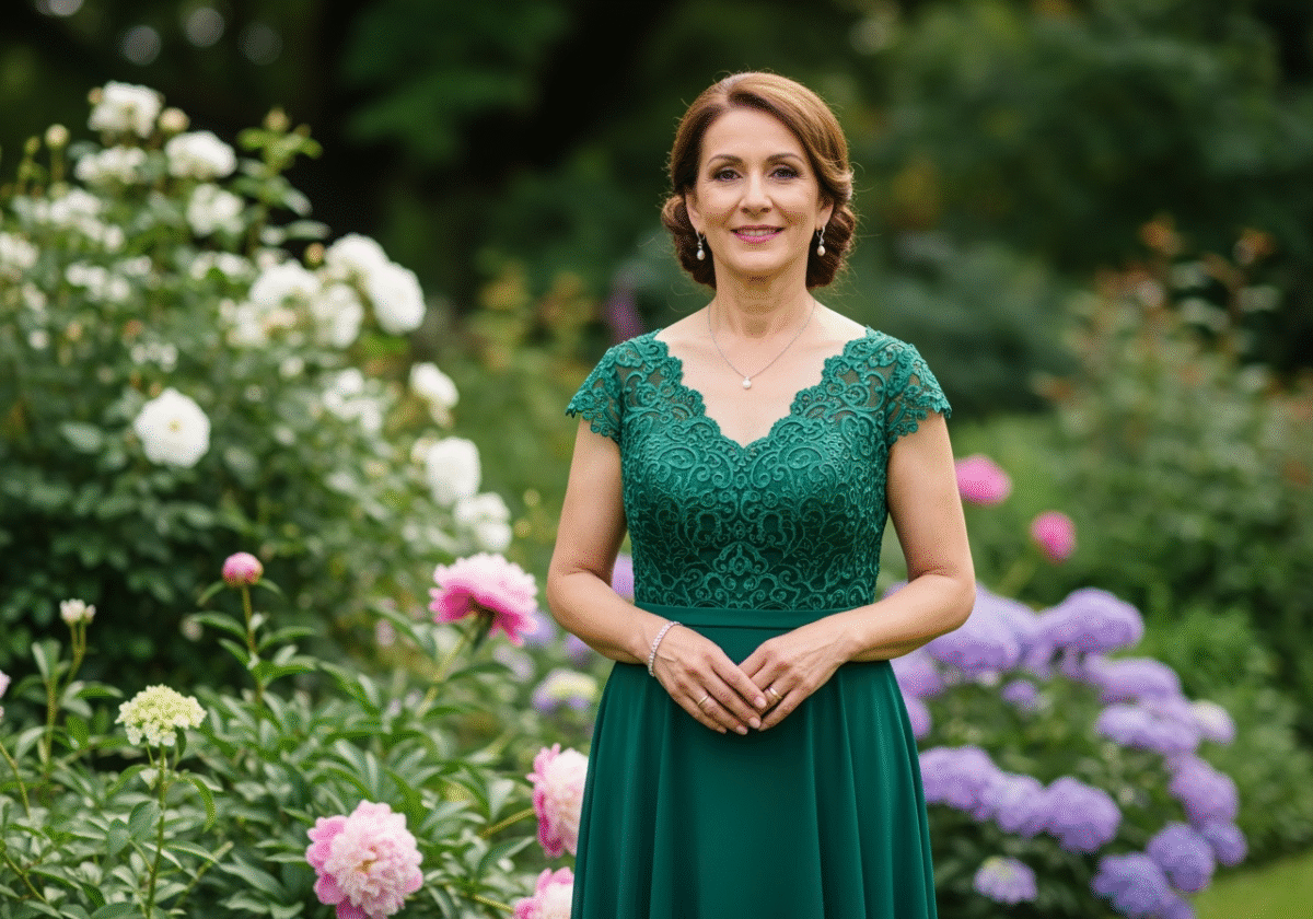 Średniowieczna kobieta w eleganckiej sukni stoi w ogrodzie podczas słonecznego wesela, uśmiechnięta matka panny młodej