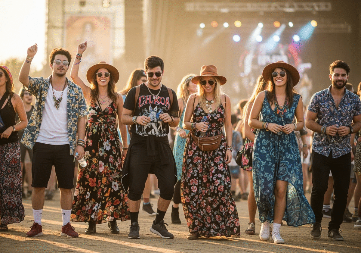 Młodzi ludzie w letnich ubraniach tańczą na muzycznym festiwalu podczas złotej godziny