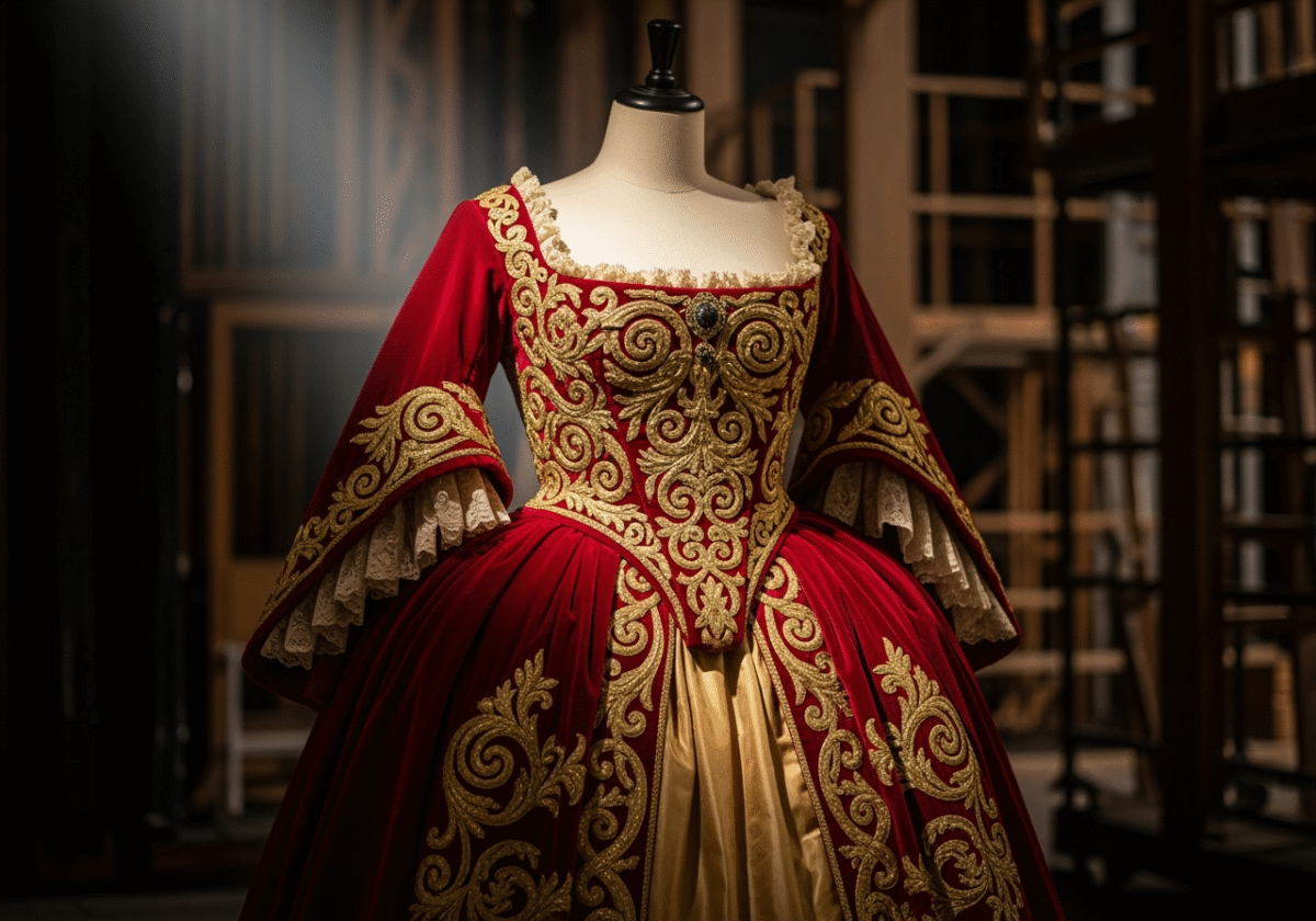Zbliżenie eleganckiego kostiumu operowego na manekinie w zaciemnionym zapleczu teatralnym