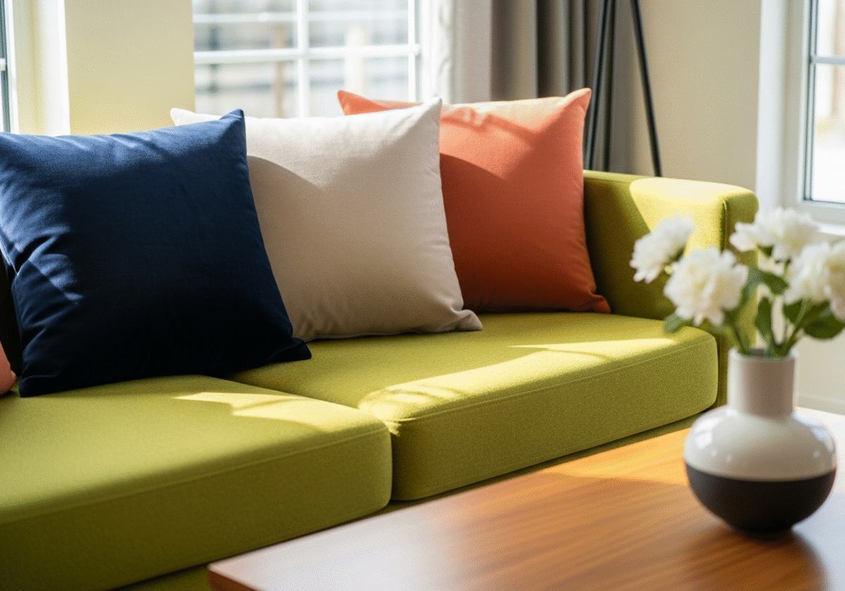 Zielona sofa z kolorowymi poduszkami obok drewnianego stolika i ceramicznej wazy z kwiatami w jasnym wnętrzu