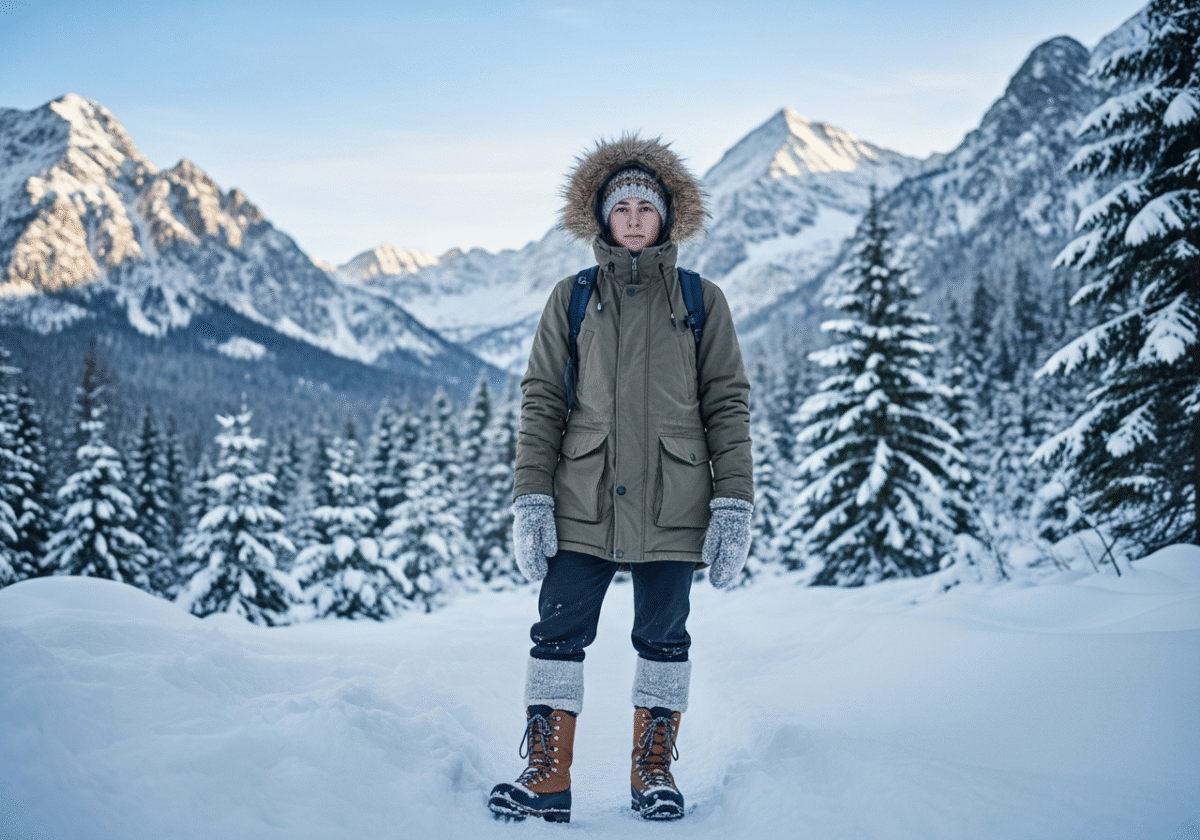 Osoba przygotowana na zimę na śnieżnym szlaku w Zakopanem, w otoczeniu gór i sosnowych drzew.