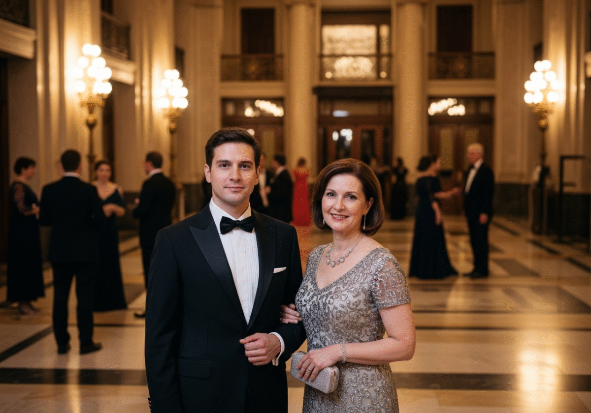 Elegancko ubrany mężczyzna i kobieta stoją w holu filharmonii z innymi gośćmi w tle.