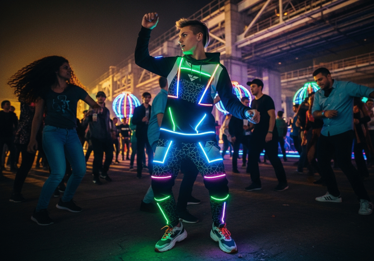 Młoda osoba na nocnej imprezie techno w futurystycznym streetwearze pod kolorowymi światłami LED