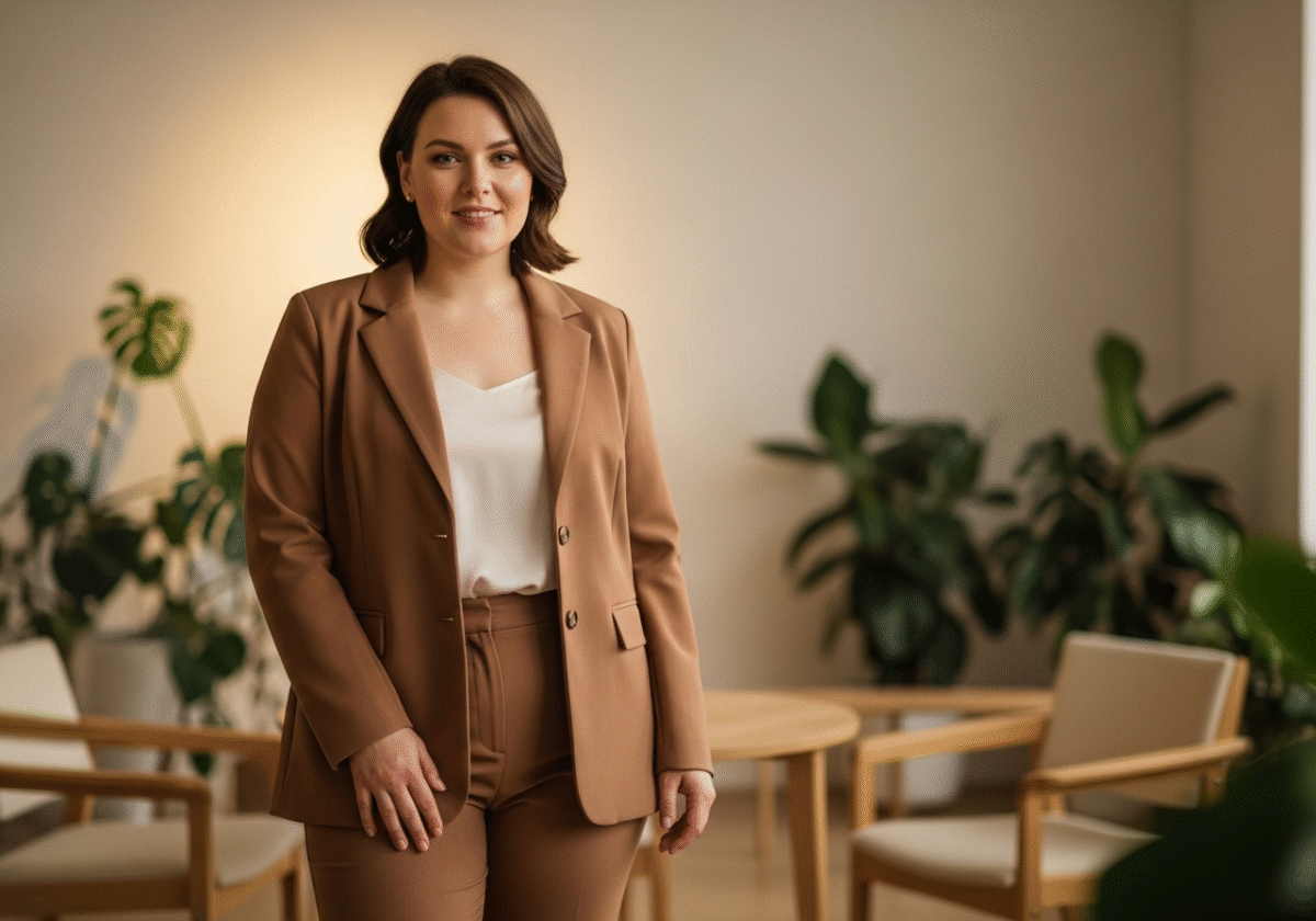 Pewna siebie kobieta plus size w nowoczesnym wnętrzu w modnym stroju, światło naturalne, pełna sylwetka