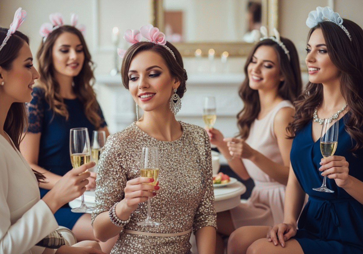 Grupa młodych kobiet na wieczorze panieńskim w eleganckim, przytulnym wnętrzu, jedna z kieliszkiem szampana