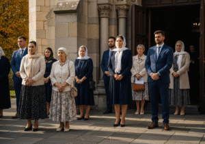Grupa elegancko ubranych osób przed historycznym kościołem podczas ceremonii religijnej jesienią