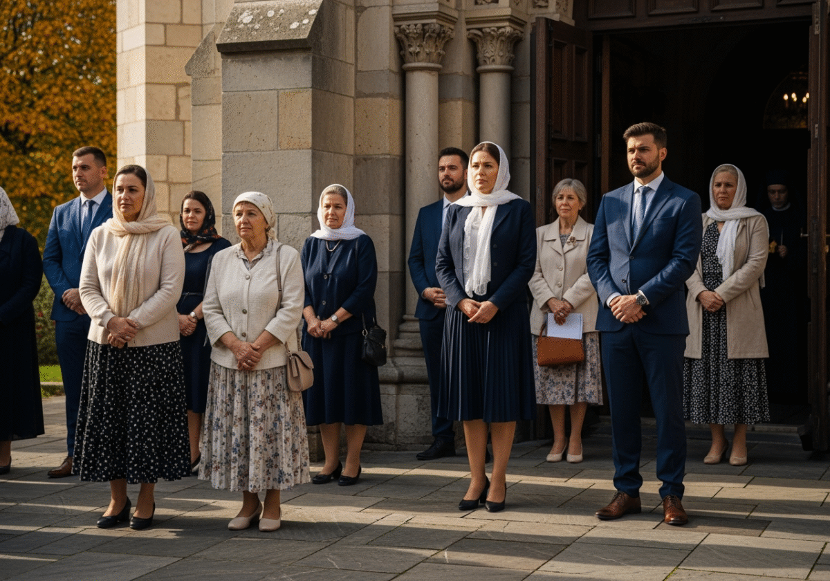 Grupa elegancko ubranych osób przed historycznym kościołem podczas ceremonii religijnej jesienią