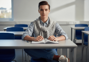 Młody uczeń w smart casual siedzi przy biurku w jasnej klasie, przed nim zeszyt i długopis.