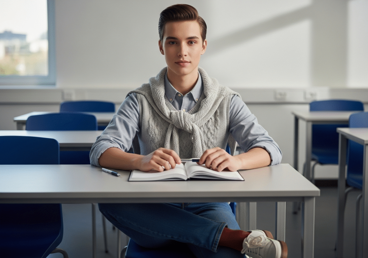 Młody uczeń w smart casual siedzi przy biurku w jasnej klasie, przed nim zeszyt i długopis.