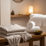 Zestaw ubrania do masażu na ławce obok ręcznika i miseczki z olejkami w jasnym pomieszczeniu spa.