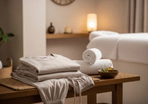 Zestaw ubrania do masażu na ławce obok ręcznika i miseczki z olejkami w jasnym pomieszczeniu spa.