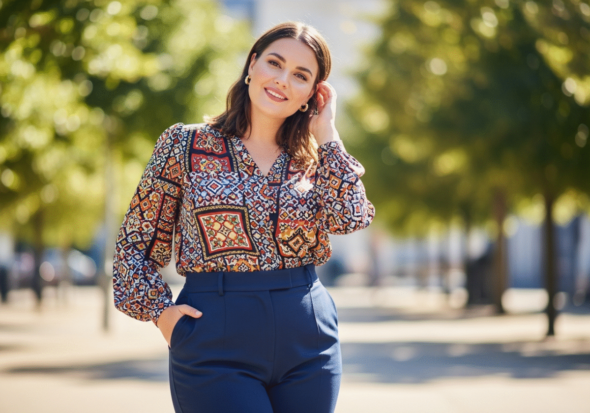 Pewna siebie kobieta plus size w kolorowej bluzce i spodniach stoi w parku na słonecznym tle