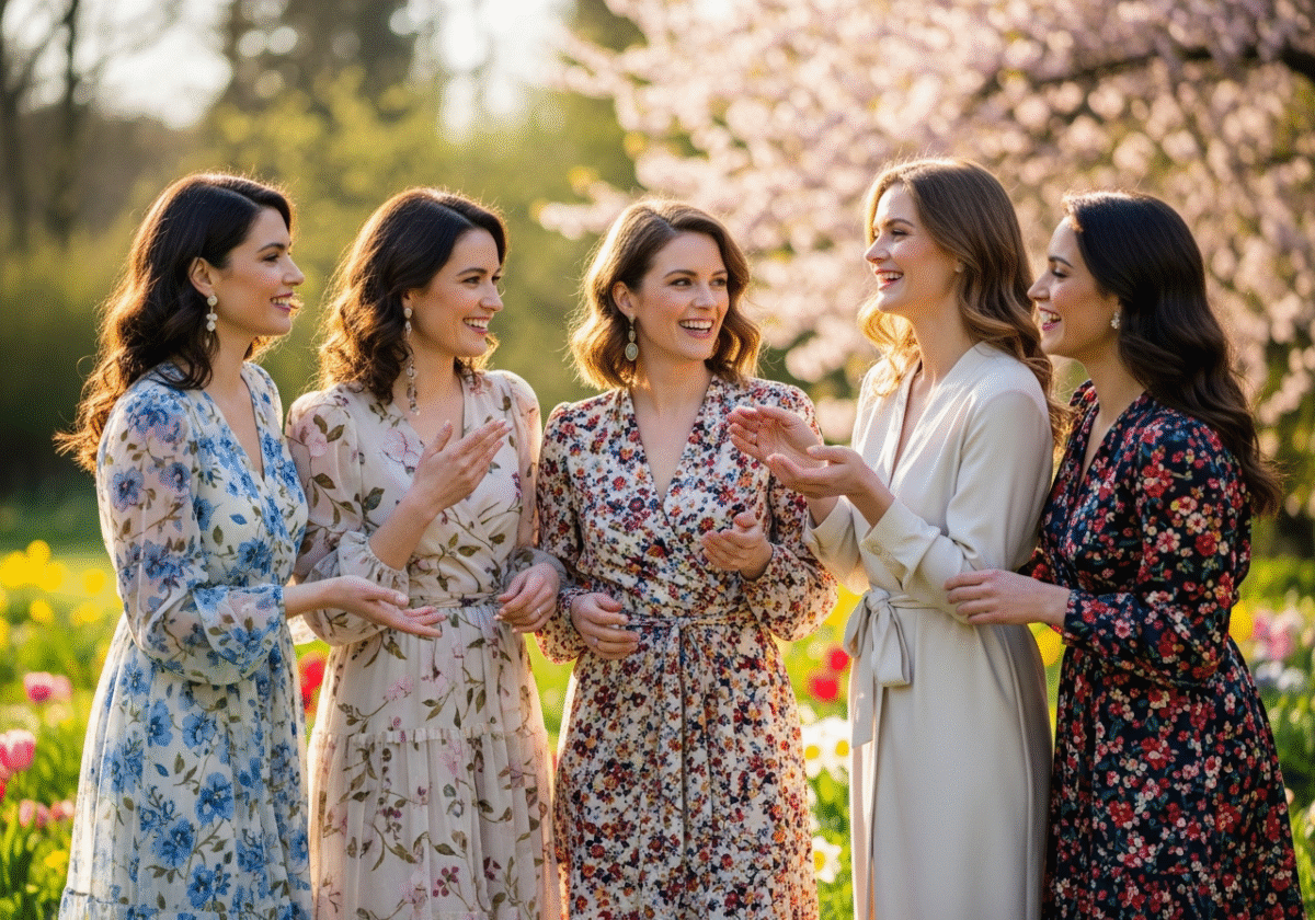 Kobiety świętujące Dzień Kobiet na wiosnę w otoczeniu kwitnących kwiatów, ubrane w eleganckie sukienki