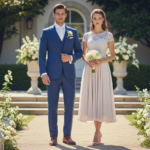 Para w eleganckich strojach weselnych stoi w ogrodzie z dekoracjami kwiatowymi w świetle słonecznym