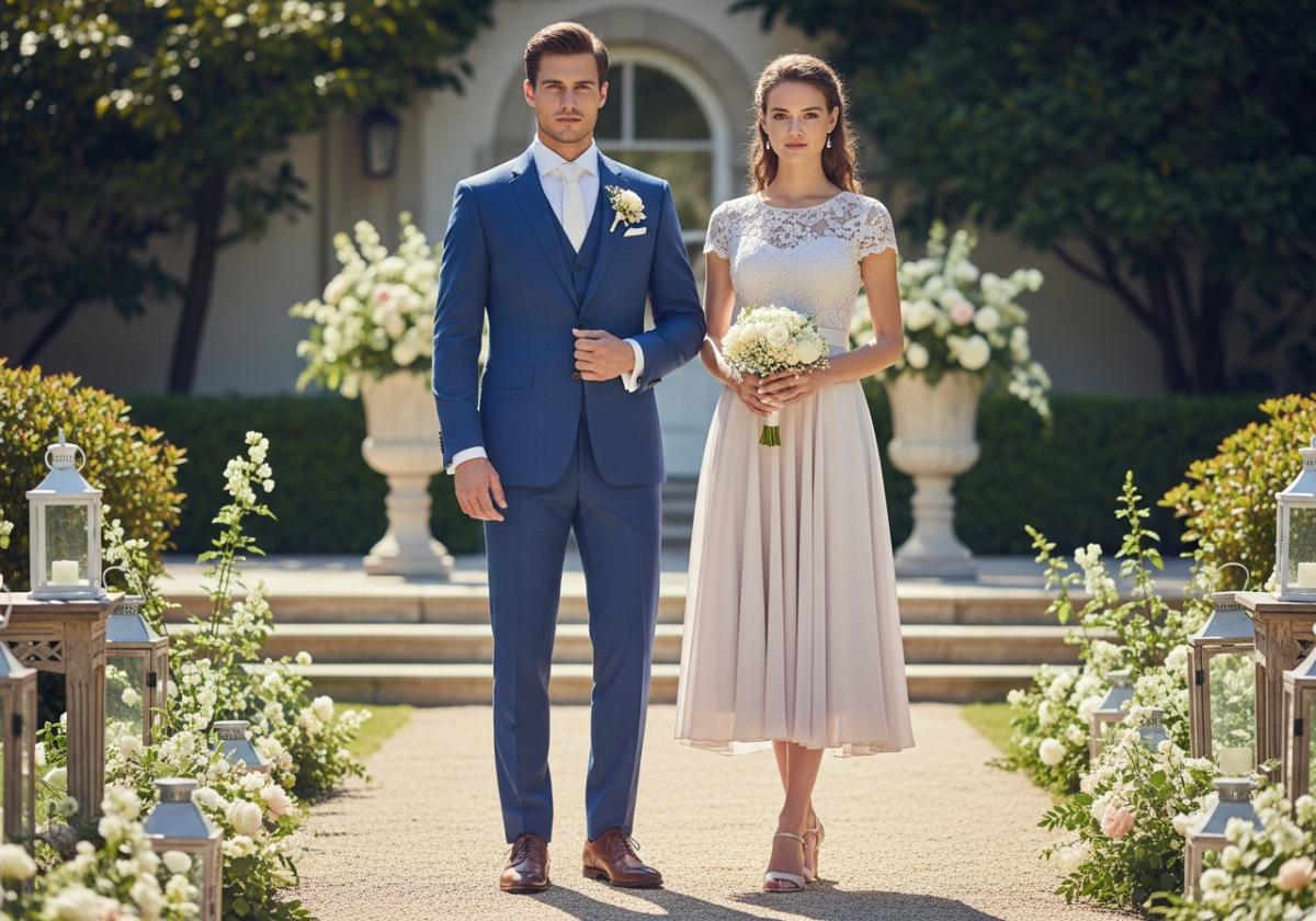 Para w eleganckich strojach weselnych stoi w ogrodzie z dekoracjami kwiatowymi w świetle słonecznym