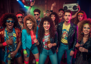 Grupa młodych osób w stylu lat 80. na imprezie z neonami, boomboxem i tańcem w klimacie retro