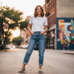Młoda kobieta w boyfriend jeans i białej koszulce stoi pewnie na słonecznej ulicy miasta