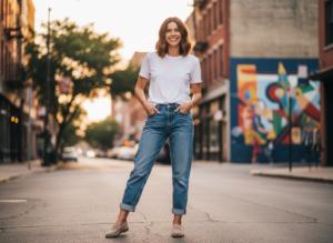Młoda kobieta w boyfriend jeans i białej koszulce stoi pewnie na słonecznej ulicy miasta