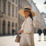 Kobieta w eleganckim kapeluszu na miejskim tle, uśmiechnięta i pewna siebie.