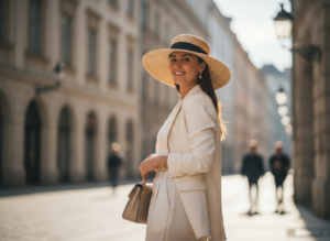 Kobieta w eleganckim kapeluszu na miejskim tle, uśmiechnięta i pewna siebie.
