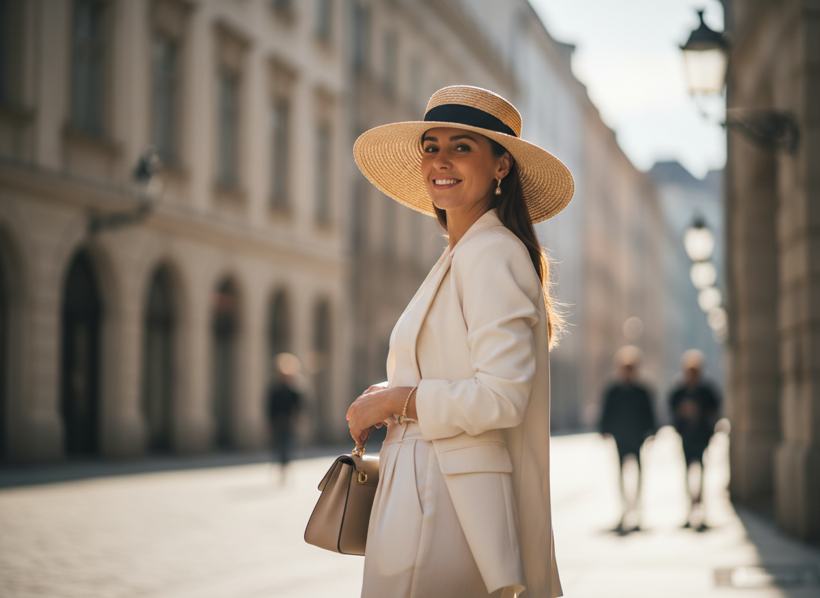 Kobieta w eleganckim kapeluszu na miejskim tle, uśmiechnięta i pewna siebie.